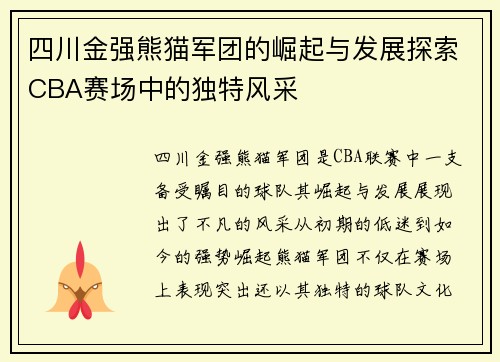 四川金强熊猫军团的崛起与发展探索CBA赛场中的独特风采