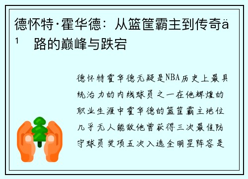 德怀特·霍华德：从篮筐霸主到传奇之路的巅峰与跌宕