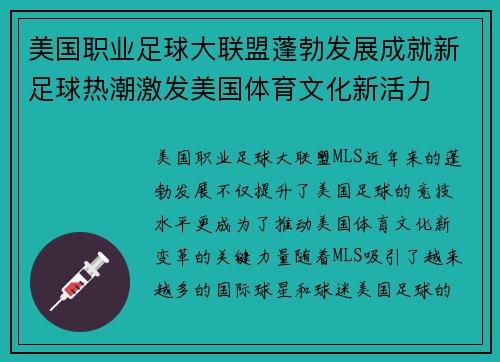 美国职业足球大联盟蓬勃发展成就新足球热潮激发美国体育文化新活力